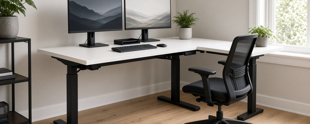 Bureau assis-debout d'angle en L blanc à pieds noirs avec deux écrans, installé dans le coin lumineux d'un bureau à la maison