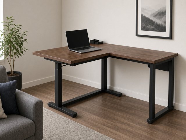 Bureau d'angle en L effet noyer à piètement noir, avec une partie réglable en hauteur et un retour fixe, dans le coin d'un salon avec un ordinateur portable