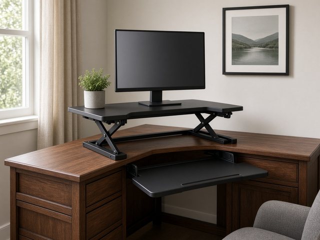 Convertisseur assis-debout noir en position haute avec écran et tablette clavier, posé sur un bureau d'angle en bois foncé