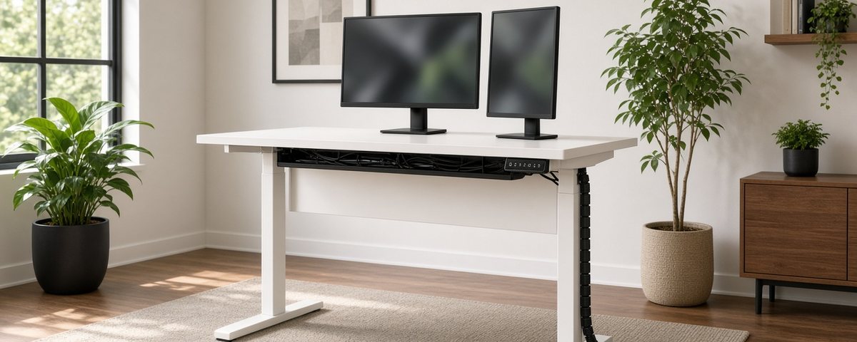 Bureau assis-debout blanc en position haute avec deux écrans, câbles rangés dans une goulotte noire sous le plateau et une colonne passe-câbles le long du pied