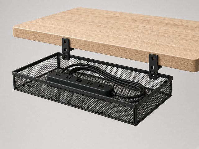 Panier passe-câbles en métal noir fixé sous un plateau de bureau en bois clair, contenant une multiprise et des câbles enroulés