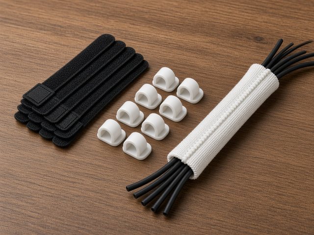 Kit de rangement de câbles posé sur un bureau en bois : attaches velcro noires, clips adhésifs blancs et gaine à zip blanche regroupant plusieurs câbles