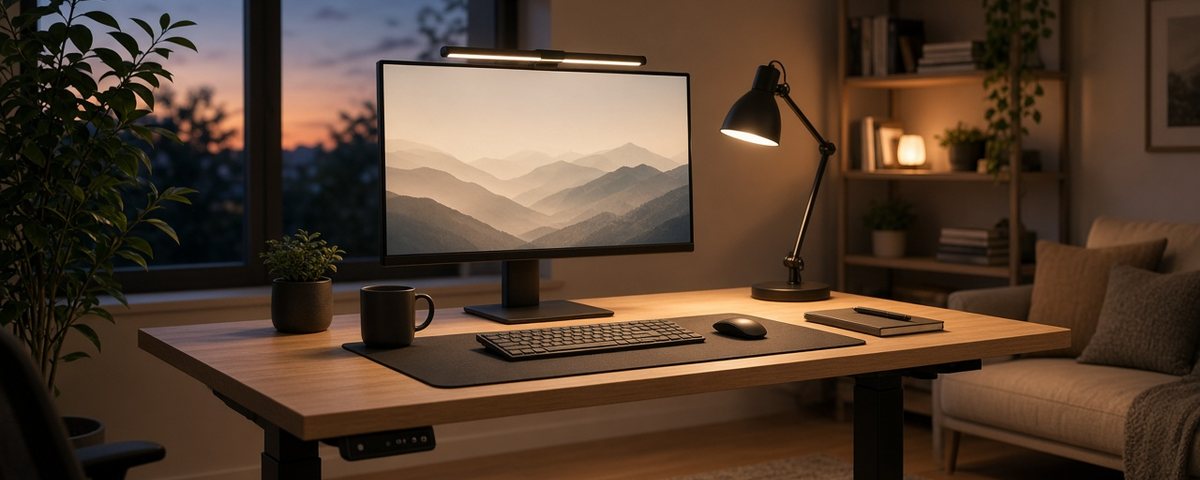 Bureau assis-debout le soir, éclairé par une light bar fixée sur l'écran et une lampe de bureau articulée