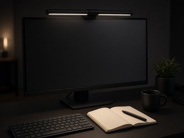 Light bar LED noire fixée en haut d'un écran d'ordinateur, éclairant le clavier et un carnet le soir