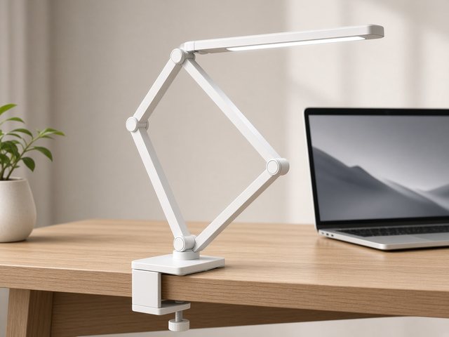 Lampe de bureau LED blanche à bras articulé fixée par une pince au bord d'un bureau en bois, à côté d'un ordinateur portable
