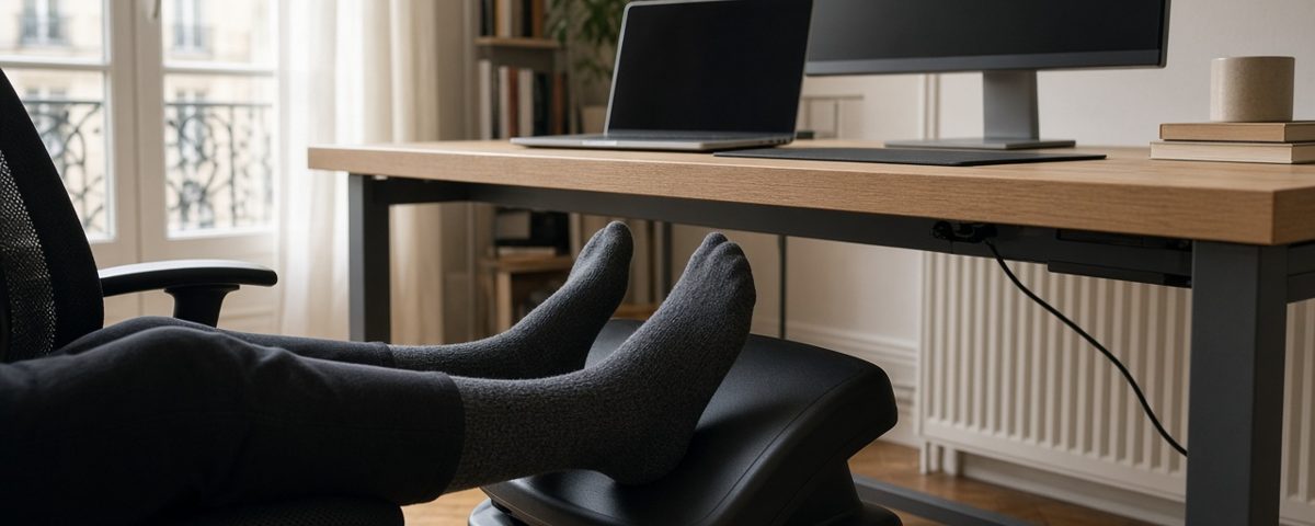 Pieds en chaussettes posés sur un repose-pieds ergonomique noir sous un bureau en bois, dans un appartement lumineux