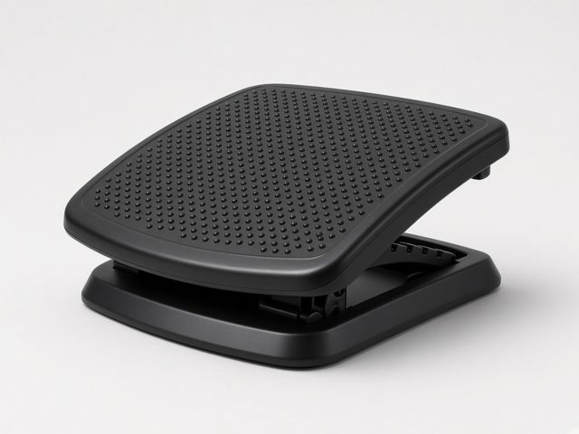 Repose-pieds ergonomique noir en plastique, inclinable et réglable en hauteur, avec surface texturée