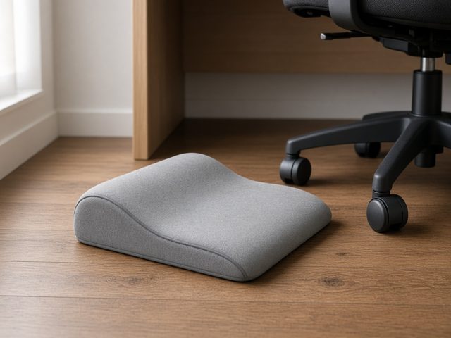 Coussin repose-pieds gris en mousse à mémoire de forme posé sur un parquet sous un bureau, à côté d'une chaise de bureau